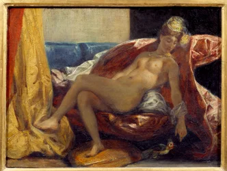 Frau schnitzt einen Papagei. Gemälde von Eugene Delacroix (1798-1863)
