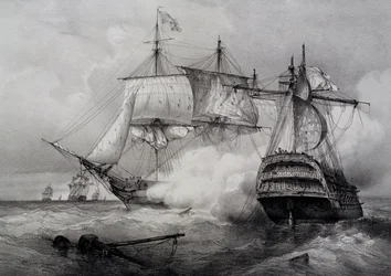 Schlacht zwischen amerikanischem 74-Kanonen-Schiff und britischer Fregatte, Lithographie von Ferdinand Perrot