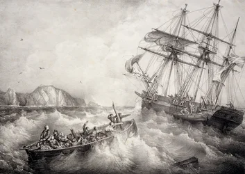 Rettung der Besatzung eines bretonischen Fischerbootes durch das schwedische Schiff Le Neptune, Lithographie von Ferdinand Perrot