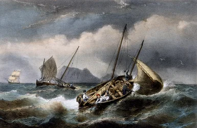 Sardinenfischen entlang der Küste der Bretagne, Farblithographie von Ferdinand Perrot