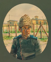 Porträt eines russischen Artilleristen, der das Krankenhaus verlässt, Gustrow