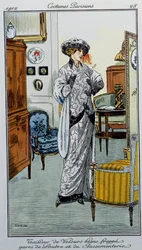 Pariser Kostüme: Weißer Samtanzug mit Otterstreifen und Besatz, gezeichnet von Fernand Simeon