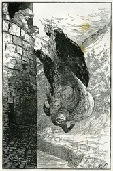 Fabel: "Sie warfen sie direkt aus dem Fenster in den Fluss". Illustration von Filiberto Scarpelli für das Märchen "Die kleinen Zwerge des Waldes" (Drei junge Männer im Wald) aus einer Sammlung der Brüder Grimm "Schneewittchen und andere Märchen".