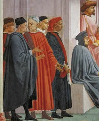 Männer in mittelalterlicher Kleidung, Detail aus Die Auferweckung des Sohnes des Theophilus, von Tommaso Masaccio, Fresko
