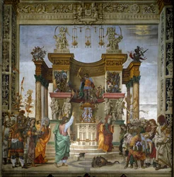 Der heilige Philippus vertreibt den Drachen aus dem Tempel von Hierapolis, von Filippino Lippi (1457-1504), 1487-1502, Strozzi-Kapelle, Santa Maria Novella, Florenz