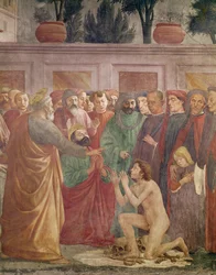 Die Auferweckung des Theophilus, des Sohnes des Königs von Antiochia, Detail mit dem heiligen Petrus und Theophilus, ca. 1425-27, vollendet 1484-85