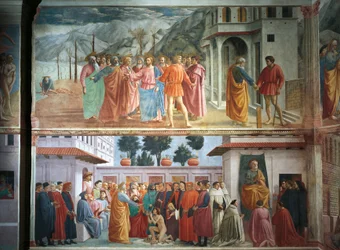 Das Zinsgeld, von Tommaso Masaccio, Die Auferweckung des Sohnes des Theophilus und der thronende Heilige Petrus, von Tommaso Masaccio und Filippo Lippi, Fresken