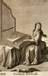 Frau spielt das vertikale Cembalo