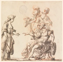 Zeichnung, Ein klassischer Krieger empfängt eine Frau, Mitte 18. Jahrhundert