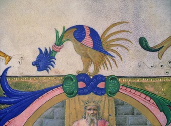 Missale 515 f.13v Fantastisches zweibeiniges Wesen mit menschlichem Gesicht, Detail des dekorativen Randes aus einem Chorbuch, vor 1449 (Detail)