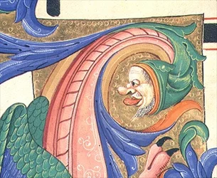 Missale 515 f.73v Zoomorphe Laubdarstellung zeigt einen männlichen Kopf, der eine Grimasse schneidet, Detail aus der Dekoration einer historisierten Initiale aus einem Chorbuch, vor 1449 ausgeführt