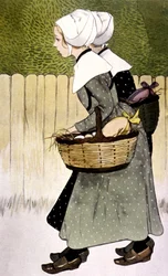 Dienstmädchen tragen Ostereier, ca. 1900 (Illustration)