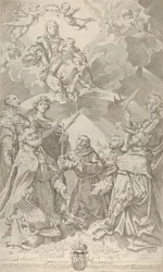 Schutzheilige von Bologna blicken zur Jungfrau, die in den Wolken sitzt..., 1640-50