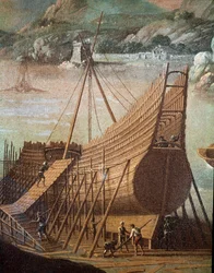 Bau eines Galeonen in einer Werft in Genua (Detail)
