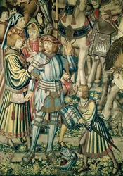Detail von Uria dem Hethiter, der bewaffnet wird, aus Die Reiter versammeln sich, aus dem Wandteppich von David und Bathseba, ca. 1510-15