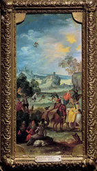 Falkenjagd Szene Jagd und Rast auf dem Land. Gemälde der flämischen Schule. Anfang des 17. Jahrhunderts. Dijon, Museum der Schönen Künste