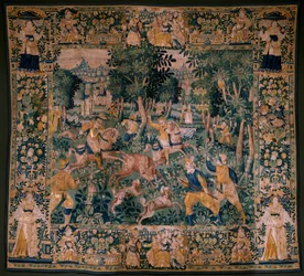 Flämischer Wandteppich. Hirschjagd. Atelier von Oudenaarde. 295x331cm. Inv (82941)-1 / PRIVE. 17. Jahrhundert.