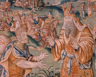 Flämischer Wandteppich. Alexander vor dem Hohepriester Iaddo. Atelier von Oudenaarde. 17. Jahrhundert.