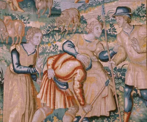 Flämischer Wandteppich. Händeklatschen. Atelier von Oudenaarde. 17. Jahrhundert.