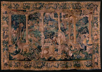 Flämische Tapisserie. Landschaft mit Pergola und großen Tieren. Version mit umfangreicher Pergola. Atelier von Oudenaarde. 340x498cm. Inv 00023. 17. Jahrhundert.