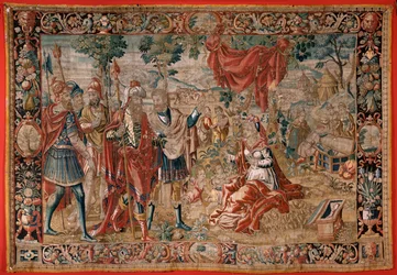 Flämische Tapisserie. Serie Esau und Jakob. Laban sucht nach den gestohlenen Idolen. Zweiter Wandteppich in der Serie. Herstellung Niederlande. Zweite Hälfte des 16. Jahrhunderts. Stoff Wolle. Standort Kirche von Saint Nicholas of Bari.