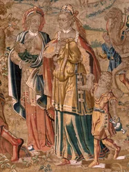 Flämischer Wandteppich. Serie Esau und Jakob. Begegnung zwischen Jakob und Esau. Dritter Wandteppich der Serie. Herstellung Niederlande, zweite Hälfte des 16. Jahrhunderts. Stoff Wolle. Standort Kirche des Heiligen Nikolaus von Bari (Museum eröffnet)