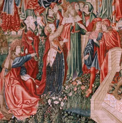 Flämischer Wandteppich. Serie Menschliche Erlösung oder Laster und Tugenden. Christus der Retter als Kind. Fünfter Wandteppich der Serie (zweiter der in Palencia aufbewahrten). Brüsseler Herstellung, Werkstatt. Ca. 1510. Größe 425 x 800 cm. Stoff