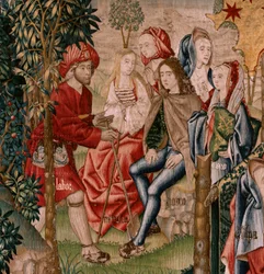 Flämischer Wandteppich. Serie Menschliche Erlösung oder Laster und Tugenden. Laster führen den Menschen zur Sünde. Zweiter Wandteppich der Serie (erster der in Palencia aufbewahrten). Brüsseler Herstellung, Werkstatt. Ca. 1510. Größe 425 x 800 cm. Stoff