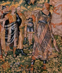 Flämischer Wandteppich. Serie Die Geschichte von Kyros. Nr. II Astyages erkennt Kyros. Anonym, basierend auf Michiel Coxcie. Atelier Antwerpen. Ca. 1590