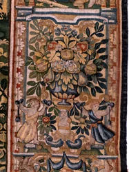 Flämischer Wandteppich. Serie Geschichte von Cyrus. Nr. V Kampf zwischen zwei Kriegern und Tod von Cyrus (Combate de dos guerreros y muerte de Ciro). Anonym, basierend auf Michiel Coxcie. Atelier Antwerpen. Seide und Wolle. Ca 1590.