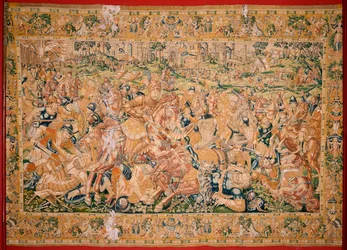 Flämischer Wandteppich. Serie Das Buch Judith. Kriegsszene. Dritter Wandteppich der Serie. Herstellung Niederlande, Brüssel? Zweite Hälfte des 16. Jahrhunderts