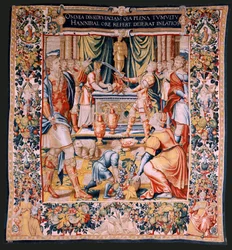 Flämischer Wandteppich. Serie Die Geschichte von Hannibal. Hannibals Eid. Erster Wandteppich in der Serie. Kartons anonymer Meister der Niederlande. Brüsseler Herstellung, Werkstatt. Ca 1570. Stoff Wolle und Seide, 6,5/7 Ketten pro cm. Größe 34