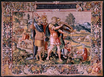 Flämischer Wandteppich. Serie Die Geschichte von Hannibal. Der Alpenübergang. Zweiter erhaltener Wandteppich. Modelle Anonymer Meister der Niederlande. Brüsseler Herstellung, Werkstatt. Ca. 1570. Stoff Wolle und Seide