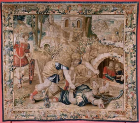 Flämischer Wandteppich. Serie Die Arbeiten des Herkules. Herkules fängt Kerberos. Sechster Wandteppich der erhaltenen Serie. Modell Unbekannt. Herstellung Willem Dermoyen, Brüssel. Ca. 1528