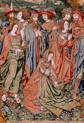 Flandrischer Wandteppich. Serie Die Passion Christi. Die Kreuzabnahme. Zweite Wandteppichserie der Passion Christi, die zum Patrimonio Nacional gehört. Modellzeichner aus dem Kreis von Jan van Roome. Herstellung Pieter van Aelst, Brüssel.