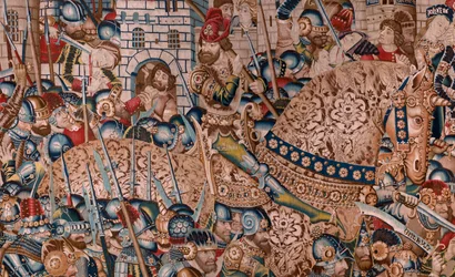 Flämischer Wandteppich. Serie Der Trojanische Krieg. Die Zerstörung von Troja. Elfter Wandteppich der Serie. Modell Coëtivy Meister (Henry oder Conrard de Vulcop). Herstellung Tournai Werkstätten. Ca. 1470