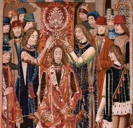 Flämischer Wandteppich. Serie Unbekannt. Römische Geschichte? Tarquinius Priscus (Tarquino Prisco). Herstellung Brüsseler Werkstätten?. Ca 1475. Stoff Wolle und Seide, 6 Kettfäden pro cm. Herkunft Eine Spende von Graf Alba de Aliste, sie kam 1608 in die Ka