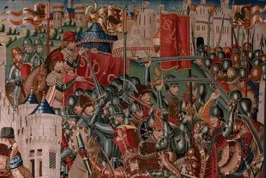 Flämischer Wandteppich. Unbekannte Serie. Römische Geschichte? Tarquinius Priscus (Tarquino Prisco). Herstellung in Brüsseler Werkstätten? Ca. 1475. Material: Wolle und Seide, 6 Kettfäden pro cm. Herkunft: Eine Schenkung des Grafen von Alba de Aliste, die