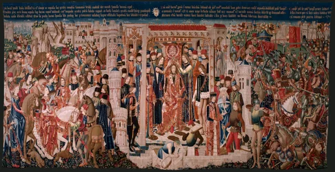 Flemischer Wandteppich. Serie Unbekannt. Römische Geschichte? Tarquinius Priscus. Herstellung Brüsseler Werkstätten?. Ca. 1475. Stoff Wolle und Seide, 6 Ketten pro cm. Herkunft Eine Spende von Graf Alba de Aliste, sie kam 1608 in die Kathedrale. Standort.