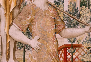 Flemischer Wandteppich. Serie Vertumnus und Pomona. Nr. II Vertumnus verwandelt sich in einen Bauern. Modelle Kreis von Pieter Coecke Van Aelst und Léonard Thiry. Atelier unbekannt, Brüssel. Gold, Seide und Wolle.