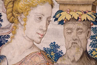 Flämischer Wandteppich. Serie Vertumnus und Pomona: Vertumnus verwandelt in einen Bauern. Atelier Willem de Pannemaker. Ca. 1545-1550. (Detail)