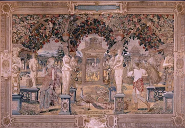 Flämische Tapisserie. Serie Vertumnus und Pomona. Vertumnus verwandelt sich in einen Erntearbeiter. Erster Wandteppich in der Serie. Modell Kreis von Pieter Coeck van Aelst. Herstellung Wilhelm Pannemaker, Brüssel. Ca 1545-1550.