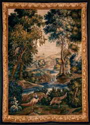 Flämischer Wandteppich. Sogenannte Verdure (Landschaft mit Wasser, Bäumen und Fasanen). Atelier von Oudenaarde. 277x200cm. Inv 00012. 17. Jahrhundert.