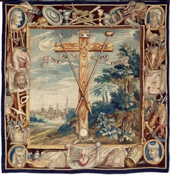Flämische Tapisserie. Die Verherrlichung des heiligen Kreuzes. 17. Jahrhundert. Eigentum der Kirche Sint-Walburgakerk Oudenaarde (Dekenij van de Sint-Walburga).
