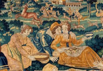 Flandrischer Wandteppich. Das ländliche Mahl. Atelier von Oudenaarde. 17. Jahrhundert.