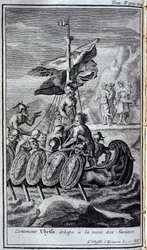 Wie Odysseus der Stimme der Sirenen entkam. Illustration für Buch XII der Odyssee von Homer, veröffentlicht in Amsterdam 1731, Privatsammlung Mailand