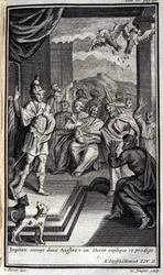 Jupiter sendet zwei Adler: ein Wahrsager erklärt dieses Wunder. Illustration für Buch II der Odyssee von Homer, veröffentlicht in Amsterdam 1731, Privatsammlung Mailand