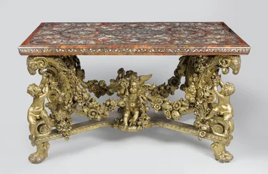 Marketerietisch auf geschnitztem und vergoldetem Lindenholzsockel, 1689