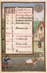 Ms 1058-1975 f10r Pflügen mit zwei Pferden, illuminierte Kalenderseite für Oktober, aus einem Stundenbuch, ca. 1500