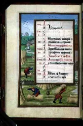 Bindung und Tragen von Garben, beleuchtete Kalenderseite für Juli, aus einem Stundenbuch, ca. 1500